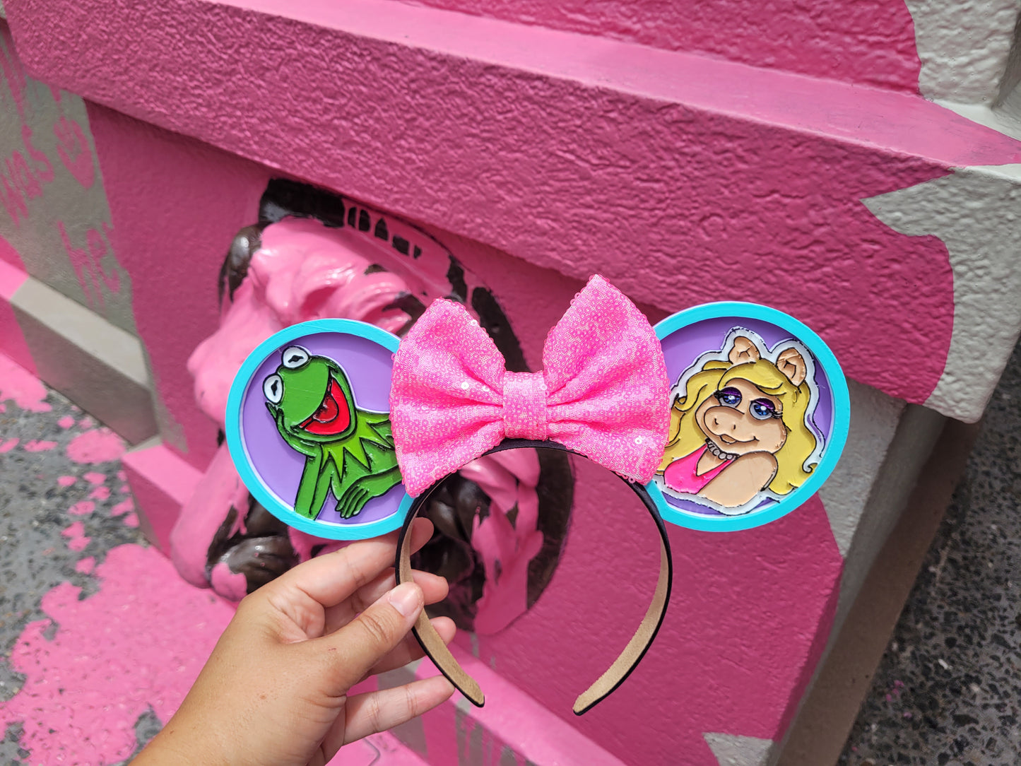 Retro Kermit and Piggy Muppet Vision Forever Ears, 3D Printed Miss Piggy Muppets Mouse Ears