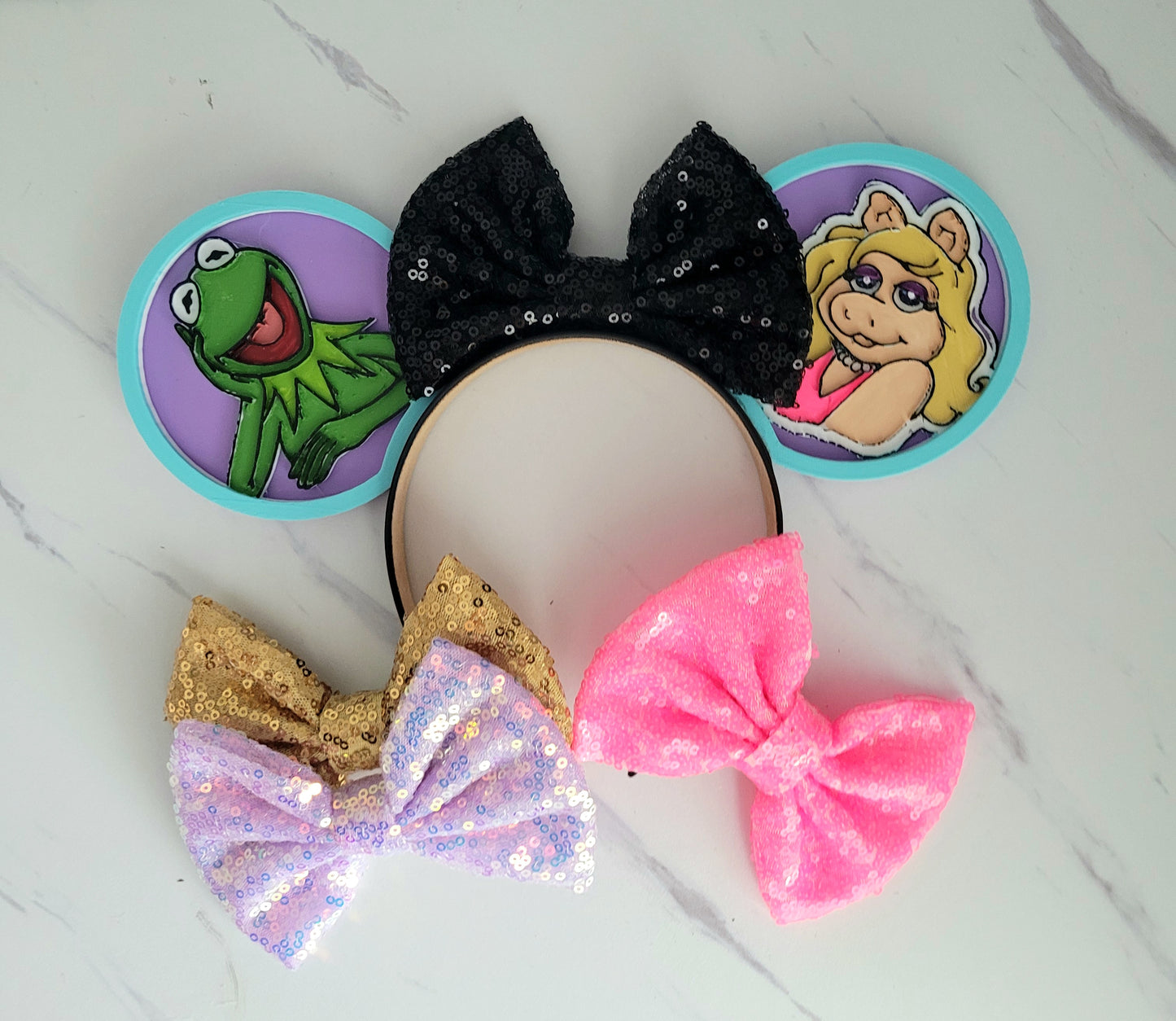 Retro Kermit and Piggy Muppet Vision Forever Ears, 3D Printed Miss Piggy Muppets Mouse Ears