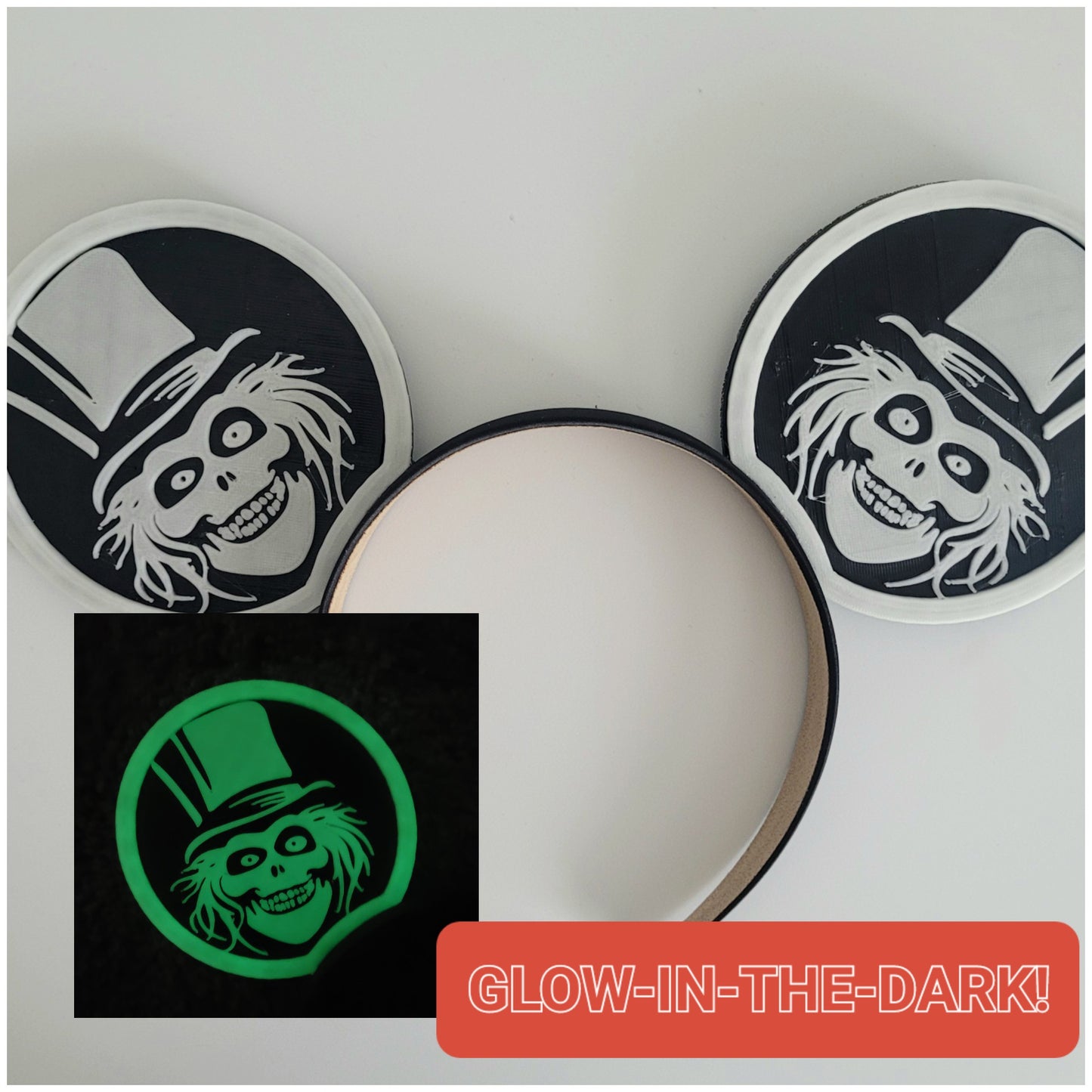 Glow-in-the-Dark Hatbox Ghost Ears, 3D Printed Haunted Mansion Halloween Mouse Ears
